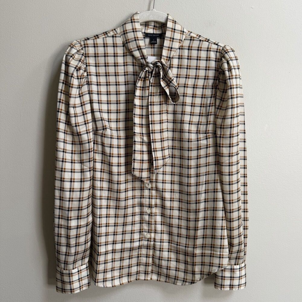 Ann Taylor Neutral Plaid Tie Neck Long Puff Sleeve Blouse Size 2